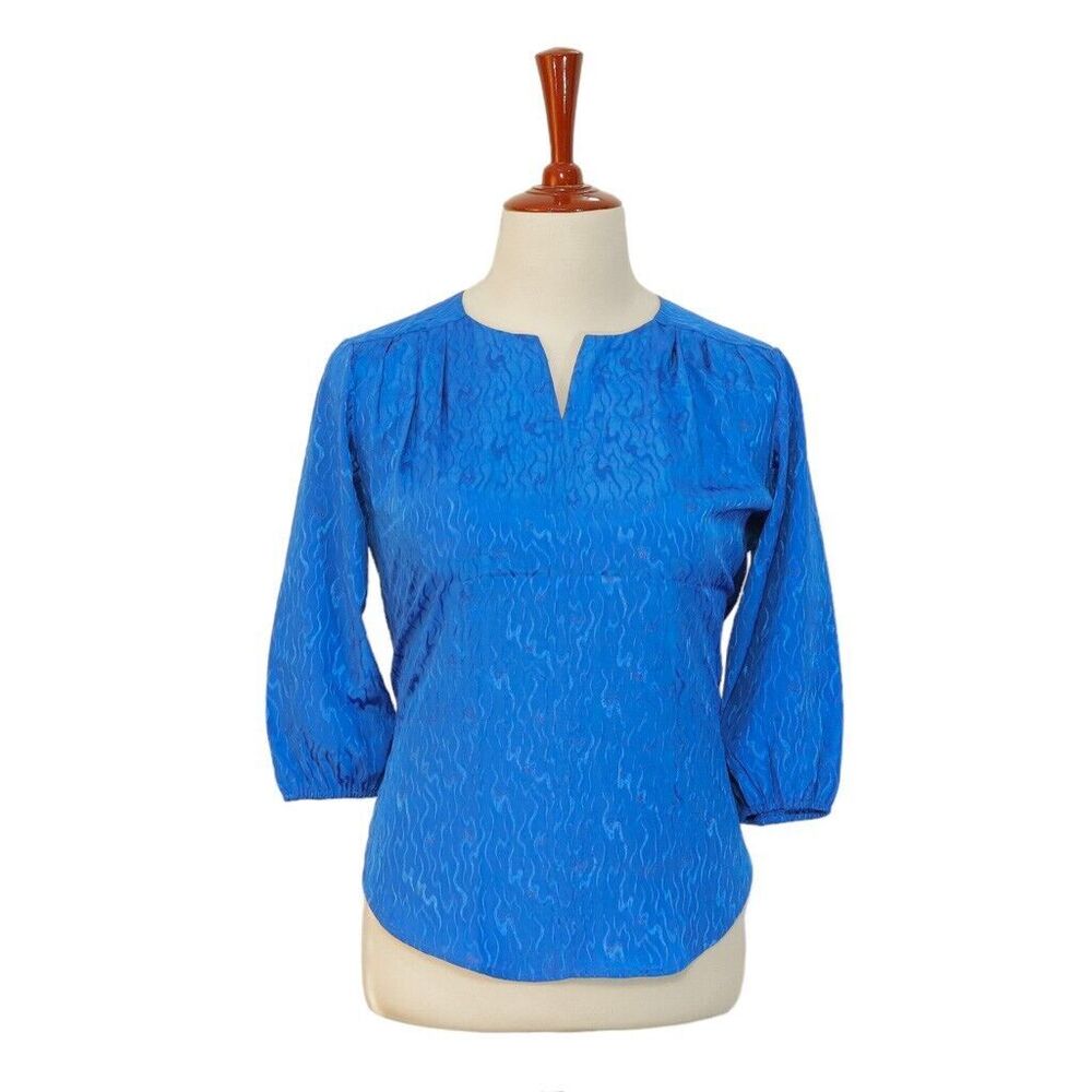 Womens Silky Blouse Blue Abstract 3/4 Sleeve V-Neck Relaxed Casual Top Large